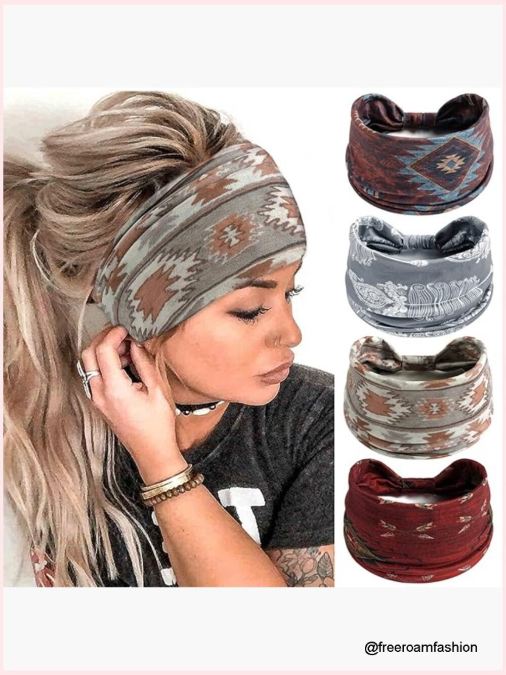 4-Pack Boho Print Headbands, Soft Cotton, Wide Knot Design for Yoga Workout